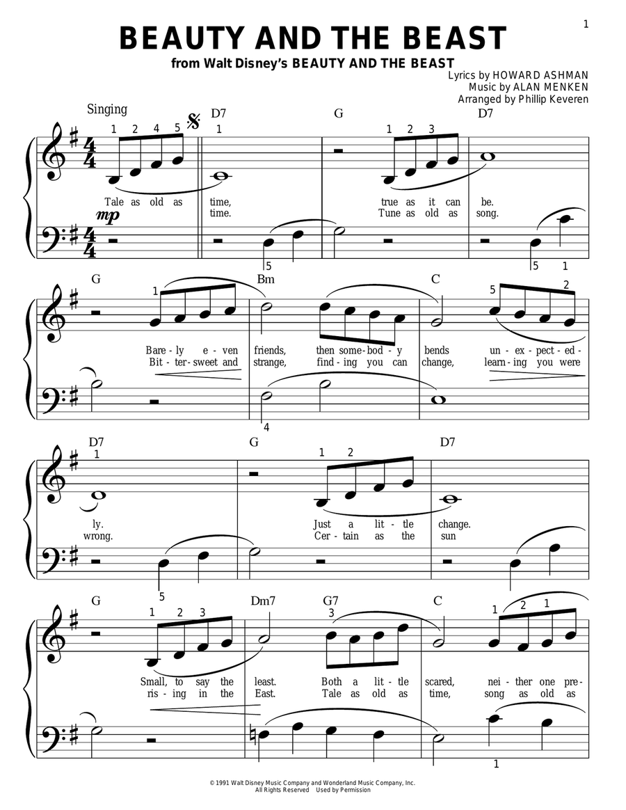 Beauty And The Beast (arr. Phillip Keveren) Easy Piano scores gallery preview page 1