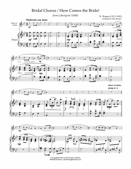 Bridal Chorus / Here Comes the Bride! for flute or violin and piano (easy) image number null