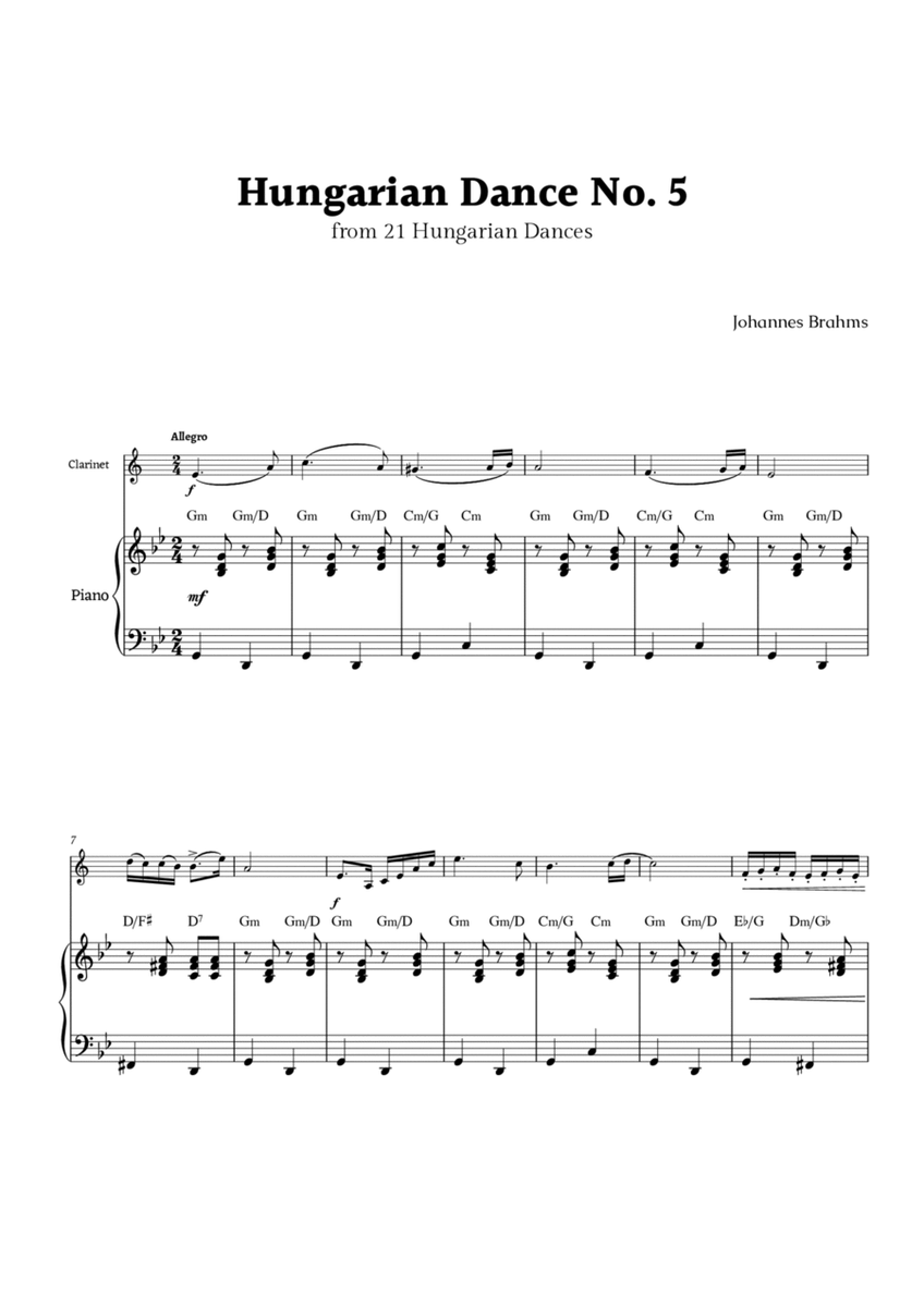 Hungarian Dance No. 5 by Brahms for Clarinet and Piano image number null