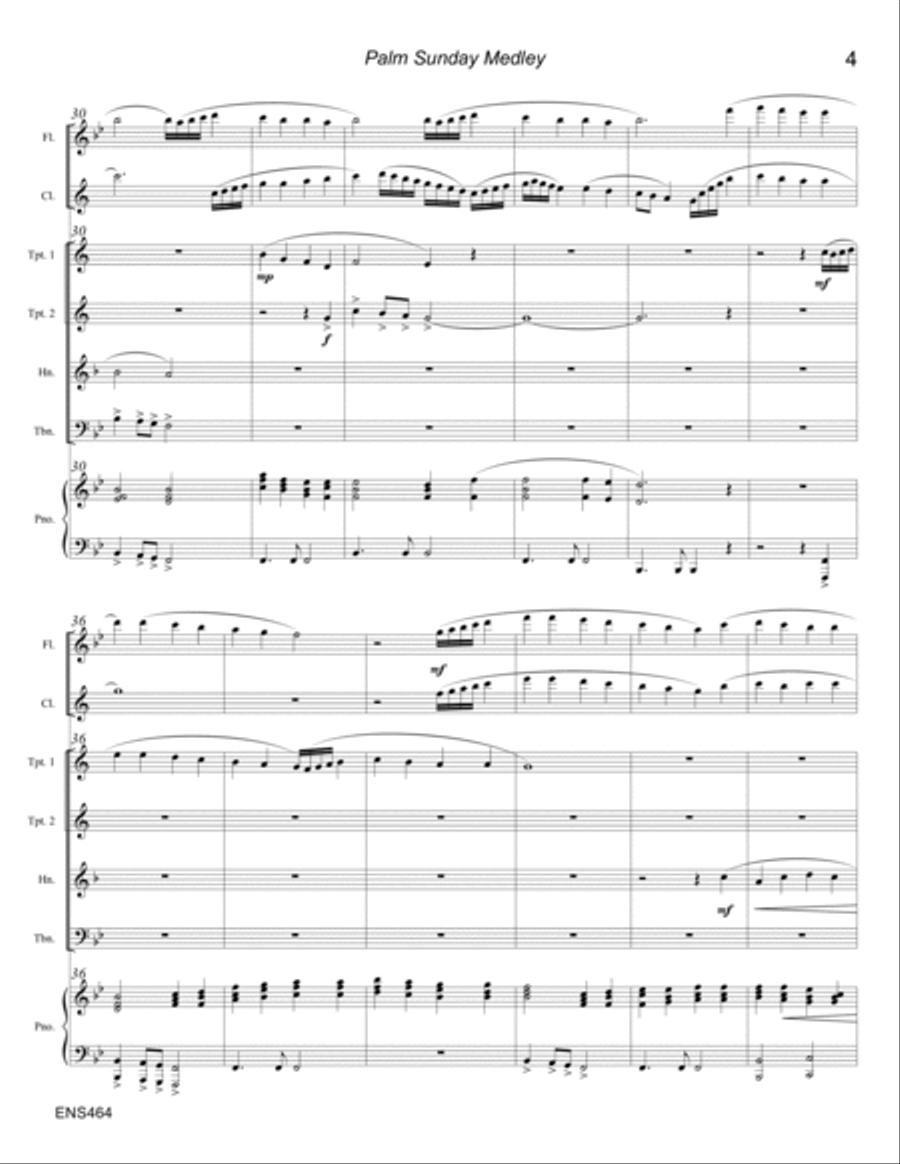 PALM SUNDAY MEDLEY - MIXED ENSEMBLE with PIANO (Flute, Clarinet, 2 Trumpets, Horn, Trombone) Large Ensemble scores gallery preview page 4