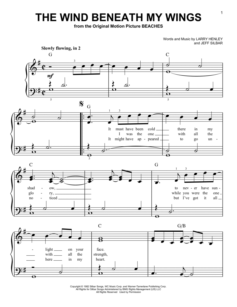 The Wind Beneath My Wings Easy Piano scores gallery preview page 1