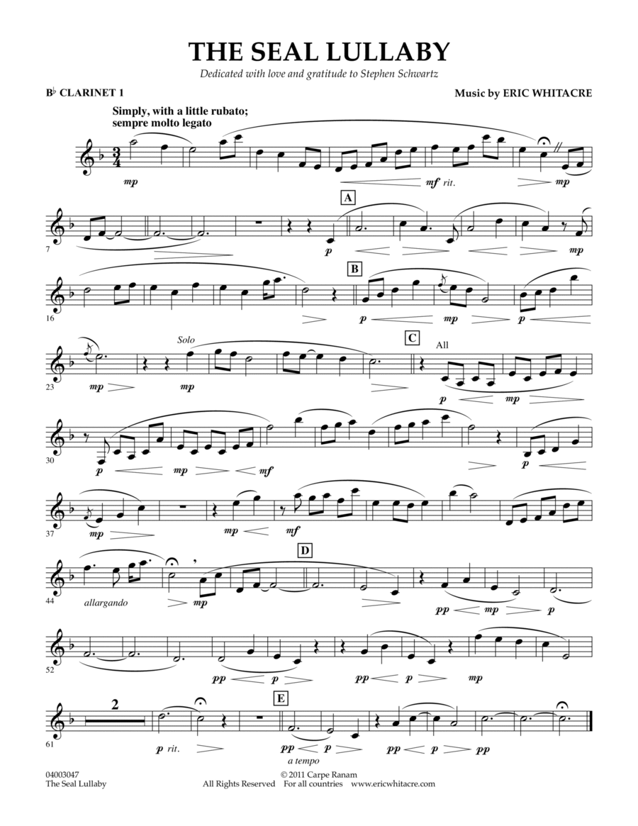 Book cover for The Seal Lullaby - Bb Clarinet 1