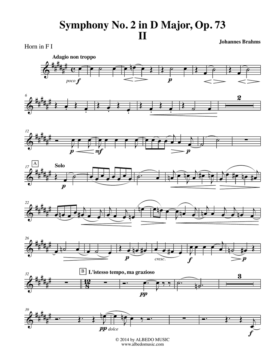 Brahms Symphony No. 2, Movement II - Horn in F 1 (Transposed Part), Op. 73 Horn Solo scores gallery preview page 1