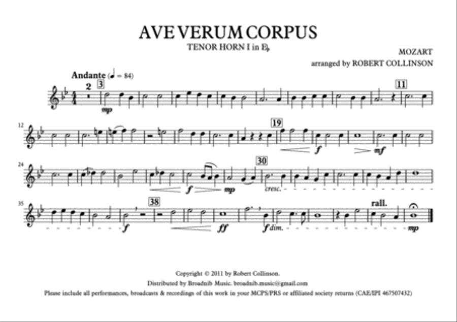AVE VERUM CORPUS (Mozart) - March card (A5) parts only Brass Ensemble scores gallery preview page 5
