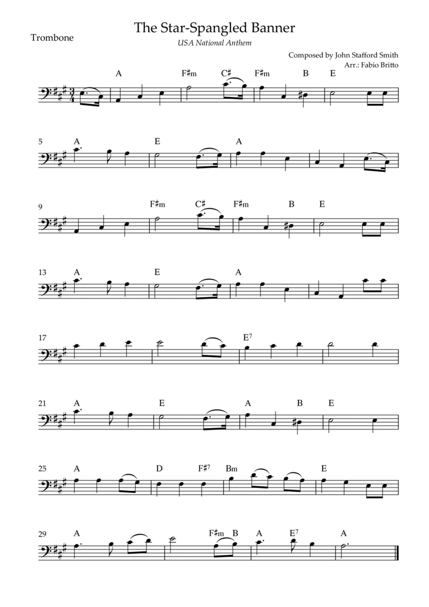 The Star Spangled Banner (USA National Anthem) for Trombone Solo with Chords (A Major)