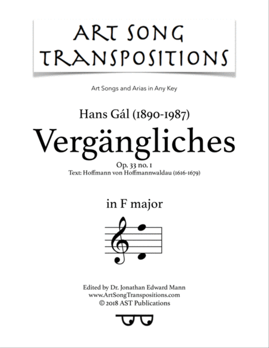 GÁL: Vergängliches, Op. 33 no. 1 (transposed to F major) Voice scores gallery preview page 1