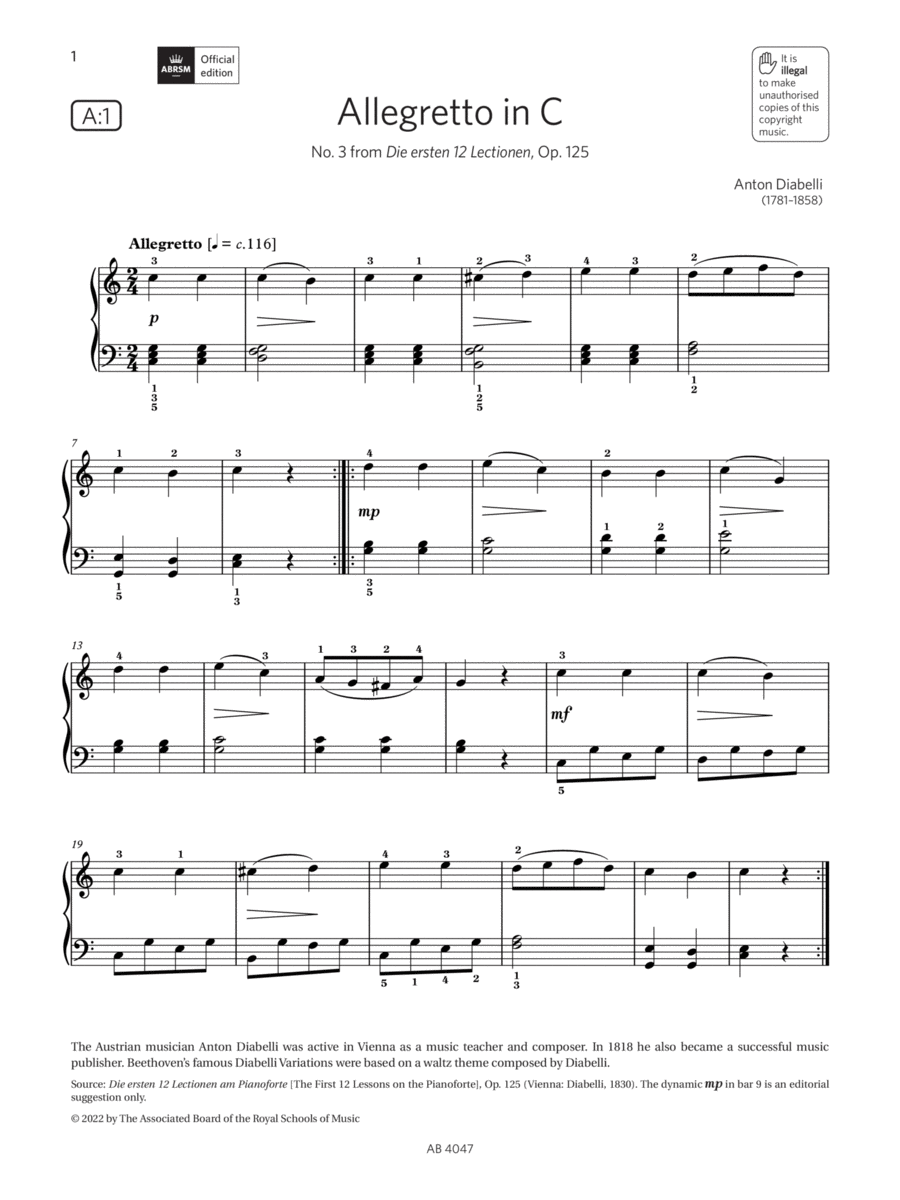 Allegretto in C (Grade 1, list A1, from the ABRSM Piano Syllabus 2023 & 2024) Piano Method scores gallery preview page 1