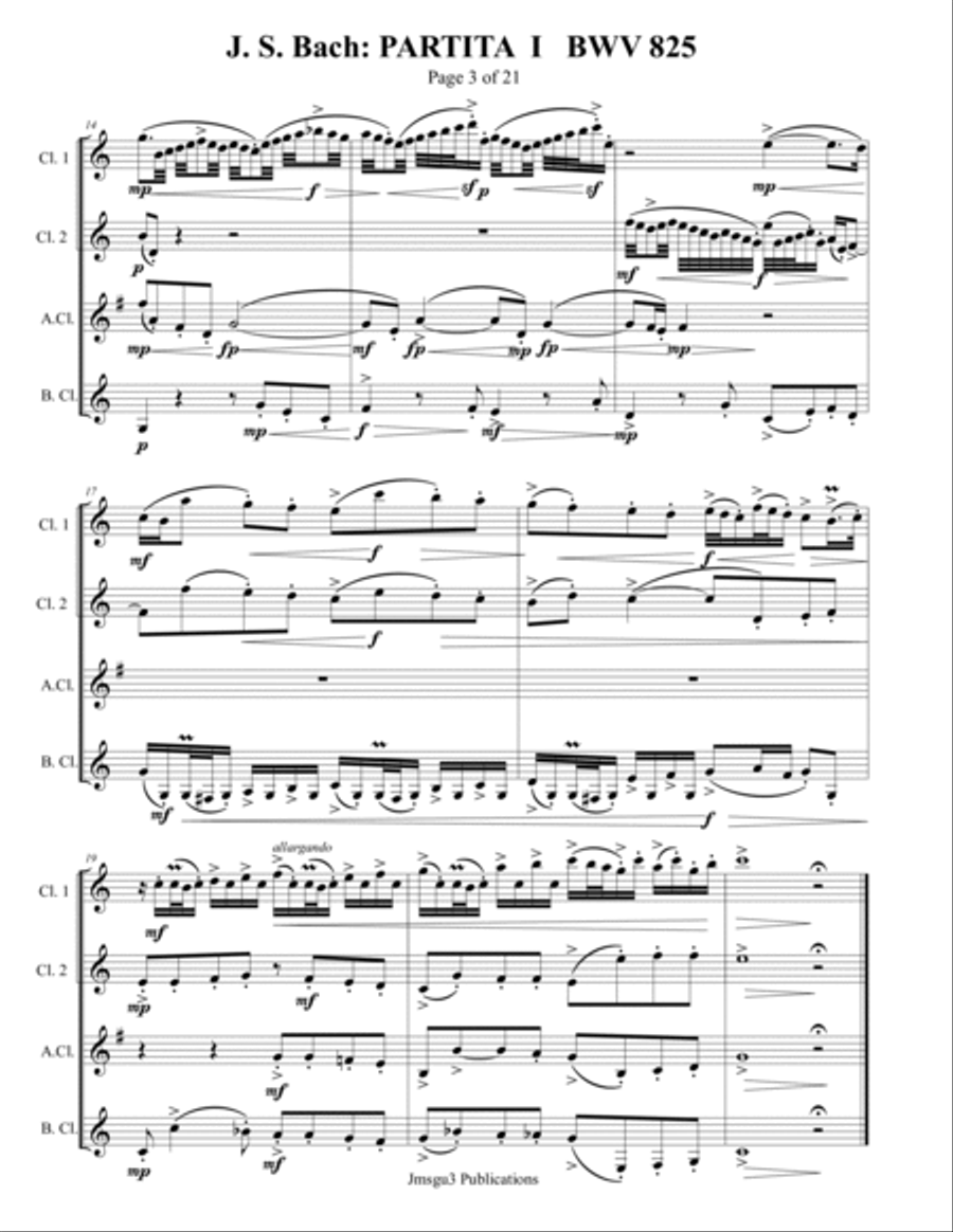 Bach: Partita No. 1 BWV 825 for Clarinet Quartet Clarinet Quartet scores gallery preview page 3