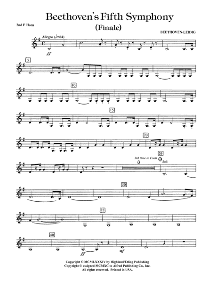 Beethoven's 5th Symphony, Finale: 2nd F Horn Full Orchestra scores gallery preview page 1