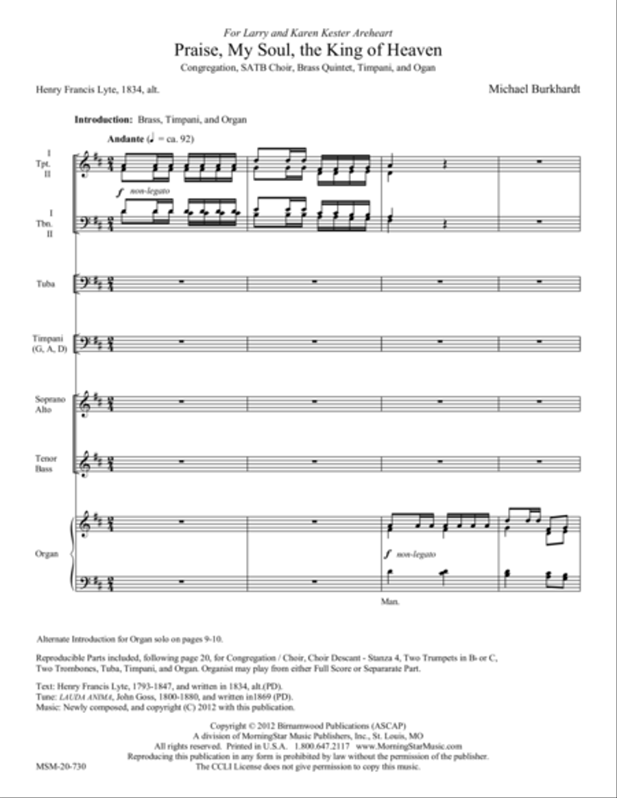 Praise, My Soul, the King of Heaven 4-Part scores gallery preview page 1