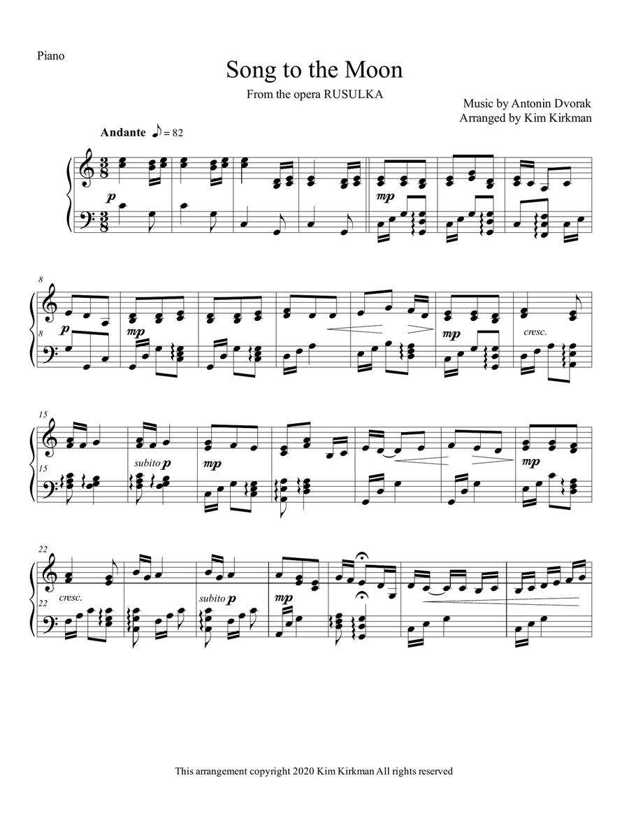 Song to the Moon from Rusulka for solo piano in C - no black notes needed Piano Solo scores gallery preview page 1