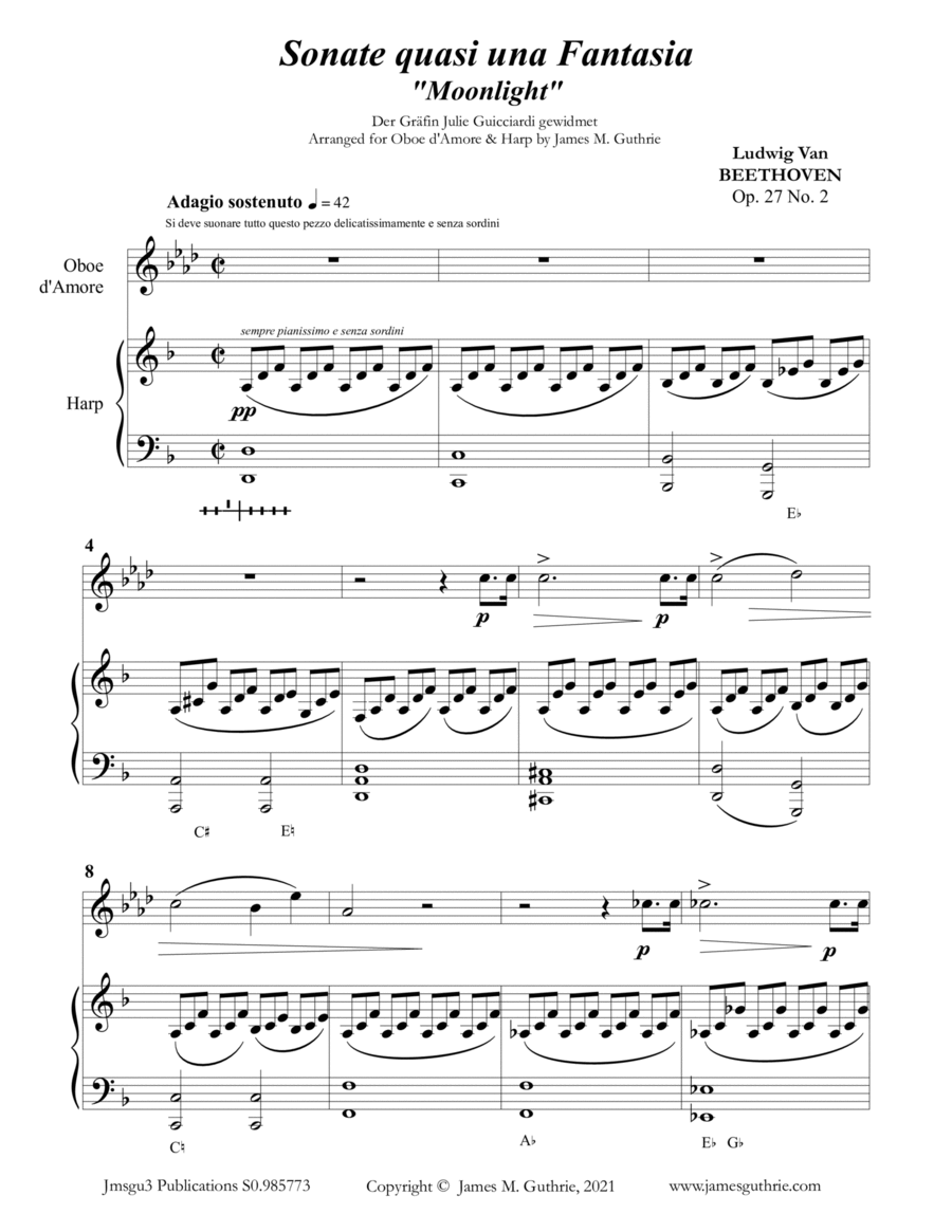Beethoven: Adagio from the Moonlight Sonata for Oboe d'Amore & Harp Harp scores gallery preview page 1