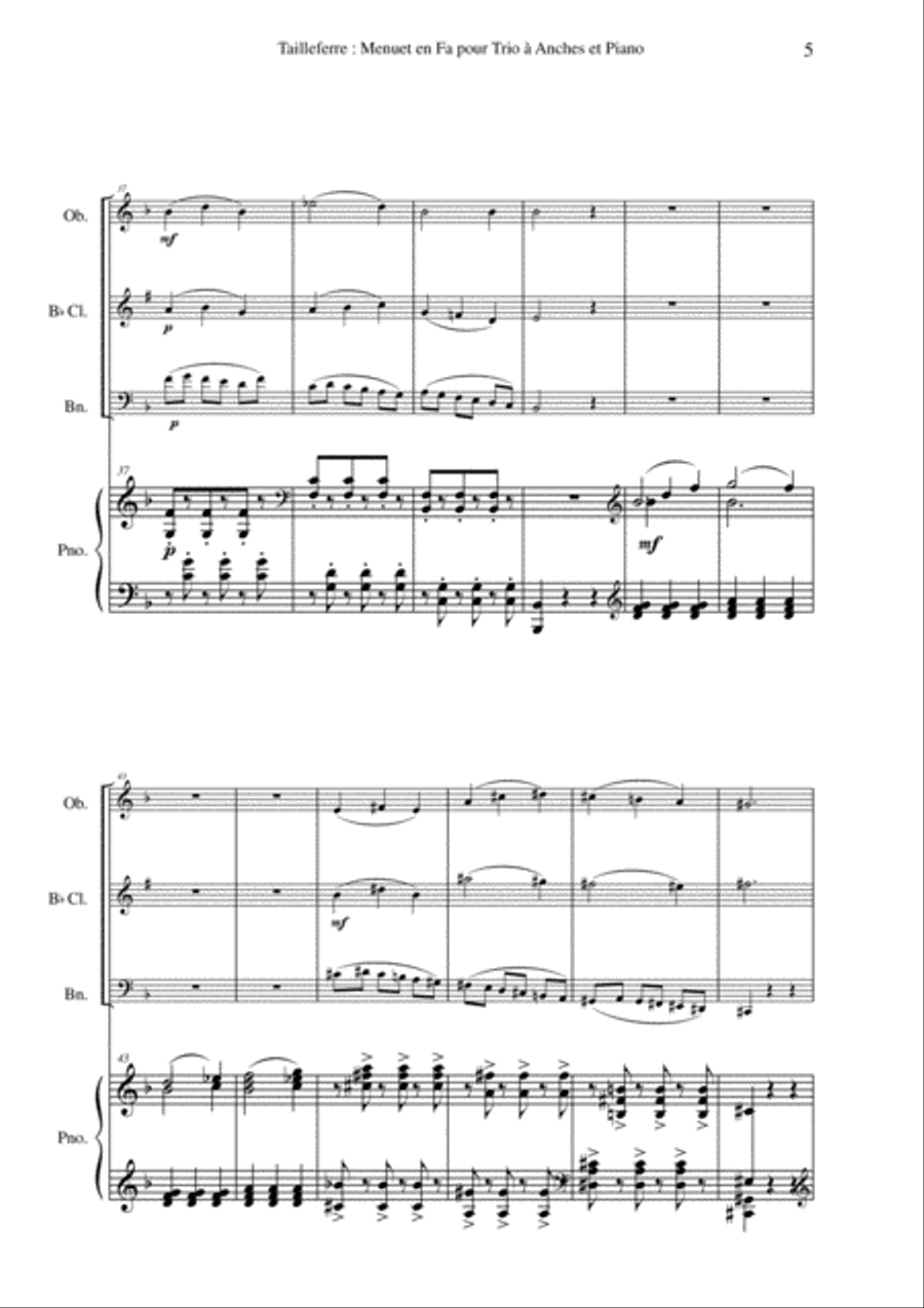 Germaine Tailleferre: Menuet en Fa for oboe, Bb clarinet, bassoon and piano Small Ensemble scores gallery preview page 5
