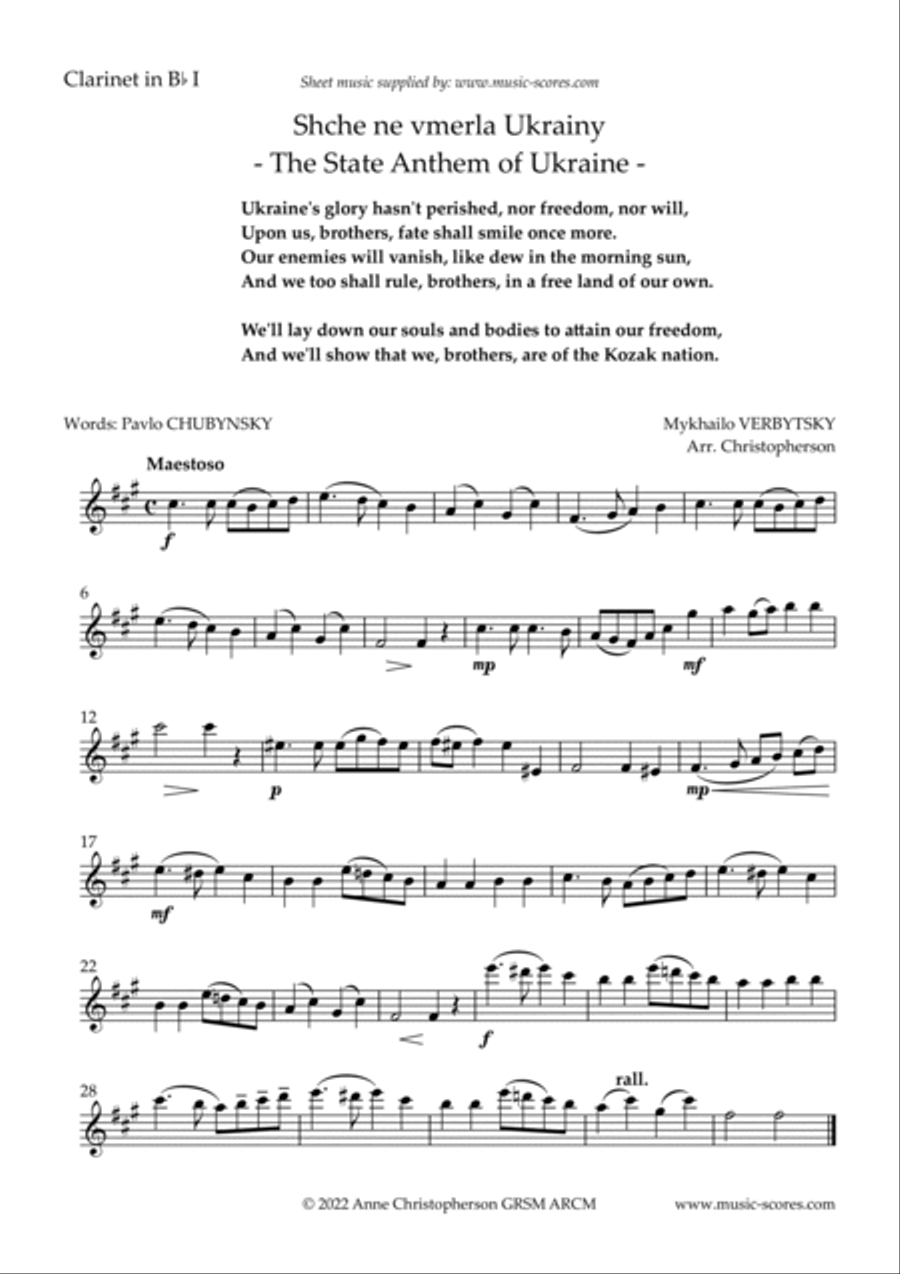 Shche ne verla Ukrainy: The State Anthem of Ukraine - 4 Bb Clarinets Clarinet Quartet scores gallery preview page 4