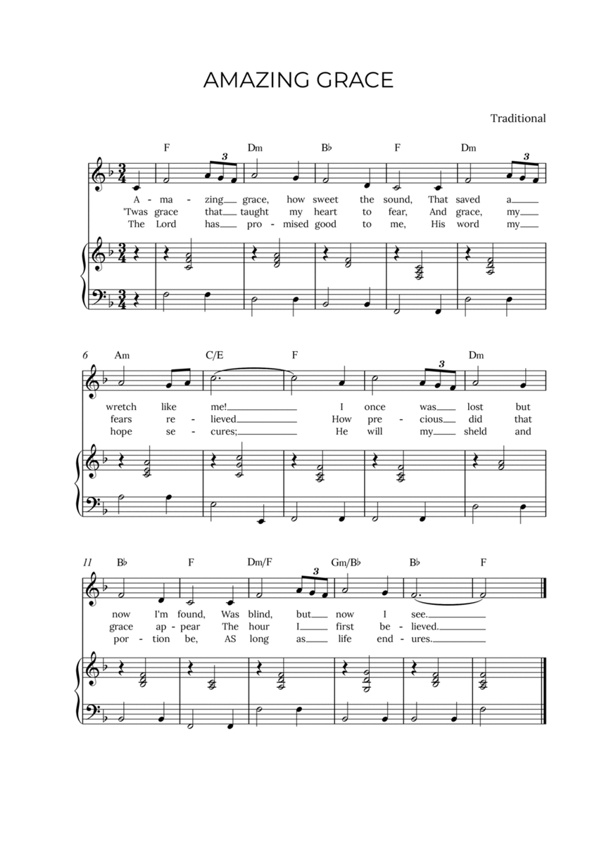 AMAZING GRACE - for piano and soprano in F major with chords image number null