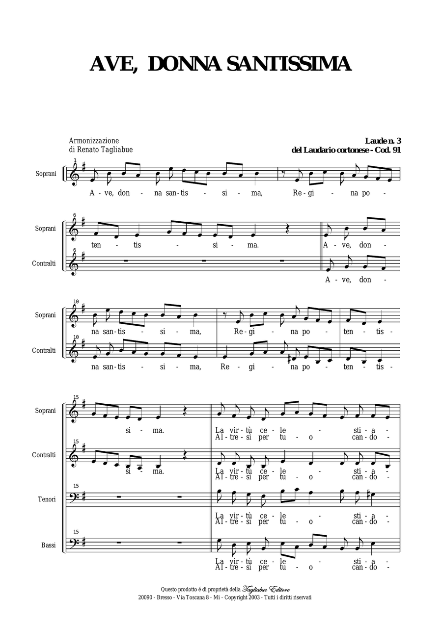 AVE DONNA SANTISSIMA - Laudario Cortonese - Arr. for SATB Choir image number null