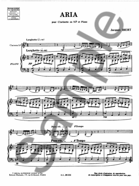 Ibert Aria Clarinet In Bb & Piano Book