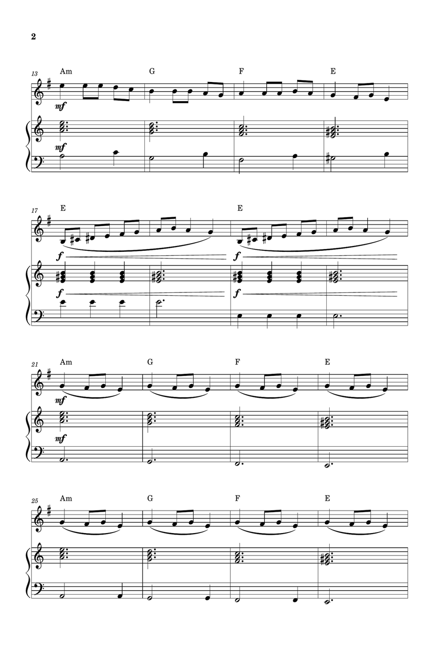 Carol of the Bells for French Horn and Piano (Very Easy - Beginner) in A minor - With Chords Piano scores gallery preview page 2