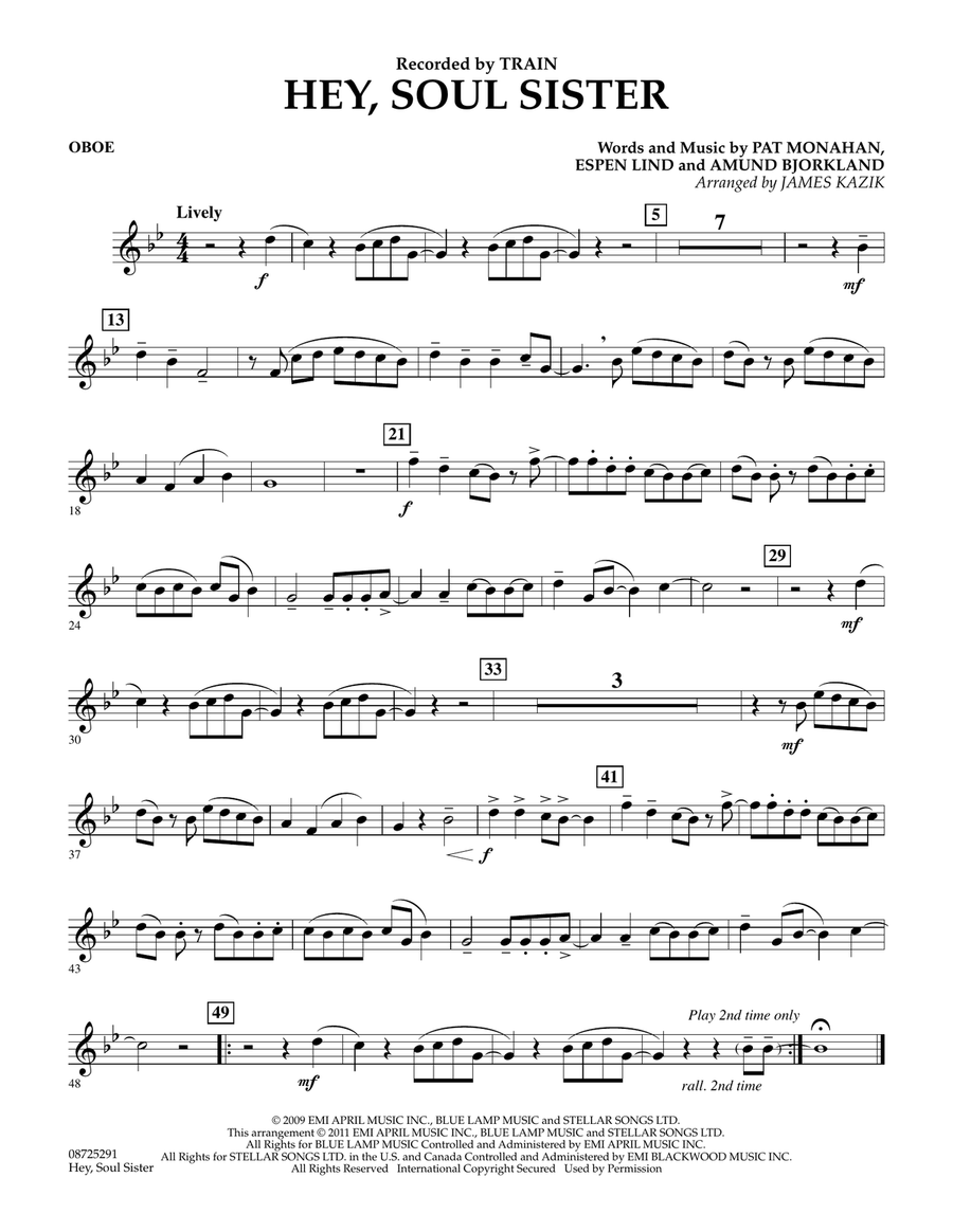 Hey, Soul Sister - Oboe Hey, Soul Sister - Oboe Concert Band scores gallery preview page 1