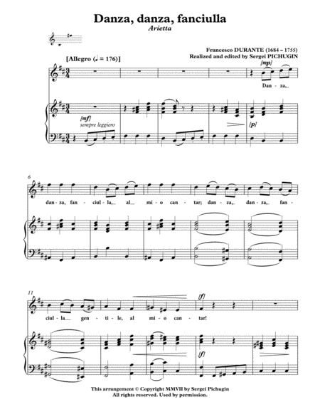 DURANTE Francesco: Danza, danza, fanciulla, arietta, arranged for Voice and Piano (B minor) image number null