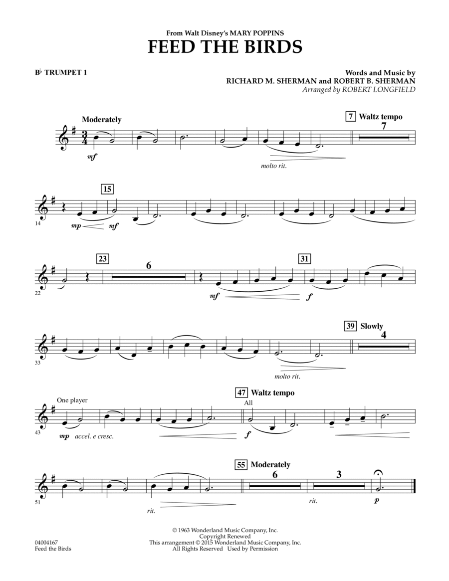 Feed the Birds (from Mary Poppins) - Bb Trumpet 1 Concert Band scores gallery preview page 1