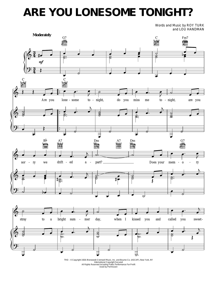 Are You Lonesome Tonight? Piano, Vocal, Guitar scores gallery preview page 1