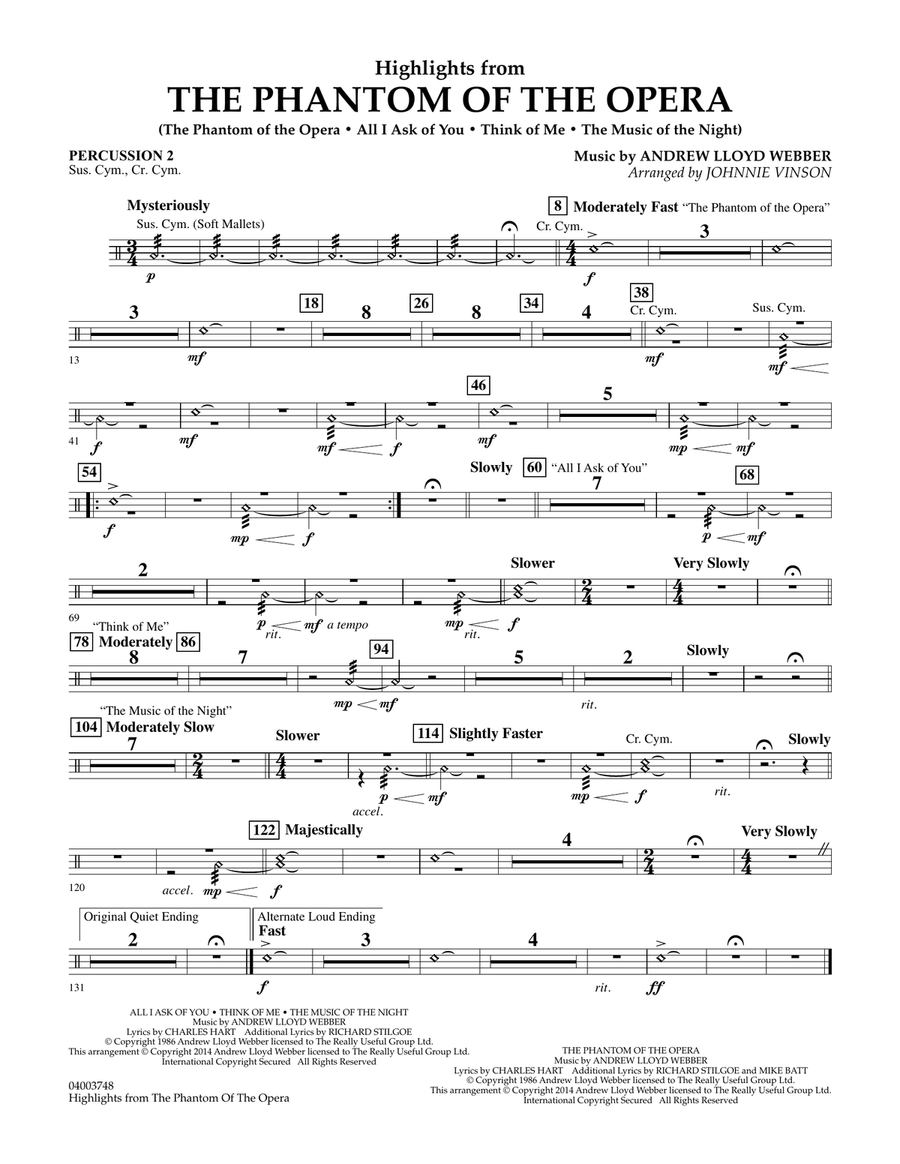 Highlights from The Phantom of the Opera - Percussion 2 Concert Band scores gallery preview page 1