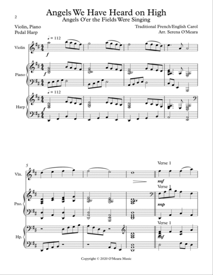 Angels We Have Heard On High, Trio for Violin, Pedal Harp and Piano Pedal Harp scores gallery preview page 2