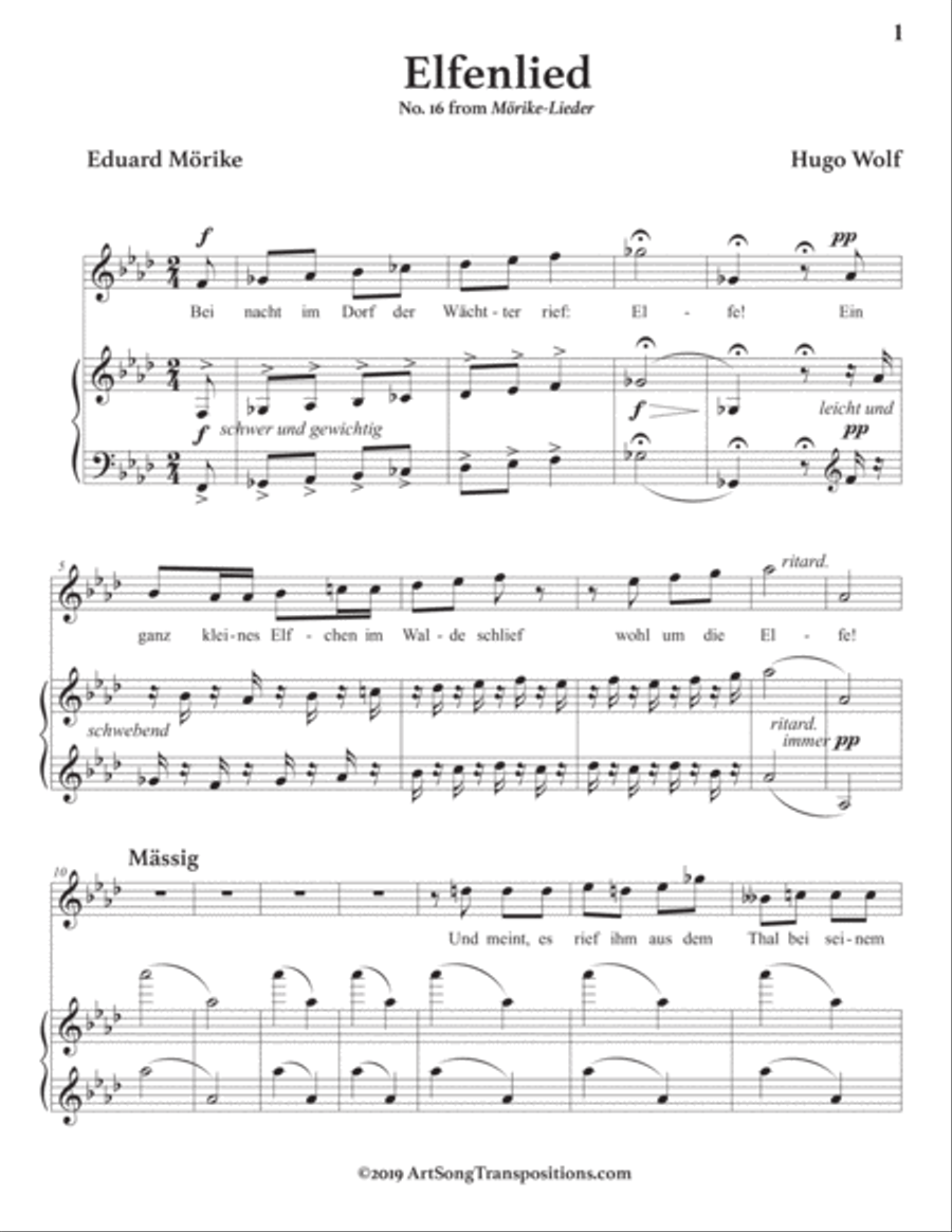 WOLF: Elfenlied (transposed to A-flat major) Voice scores gallery preview page 2