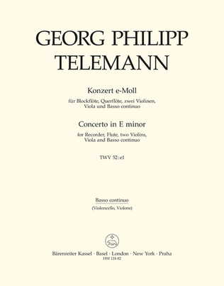 Book cover for Concerto for Treble Recorder, Flute, Strings and Basso continuo e minor TWV 52:e1