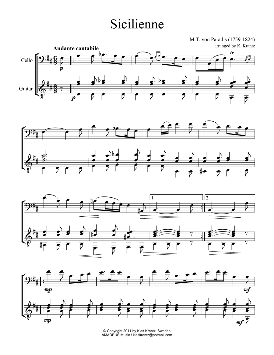 Sicilienne for cello and guitar Cello scores gallery preview page 1