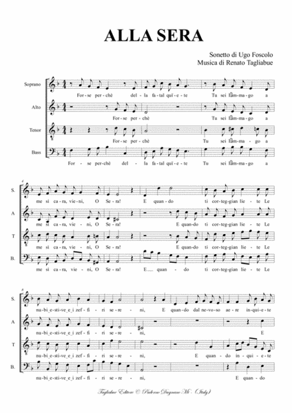 ALLA SERA - Sonetto by Ugo Foscolo - For SATB Choir - Score Only image number null