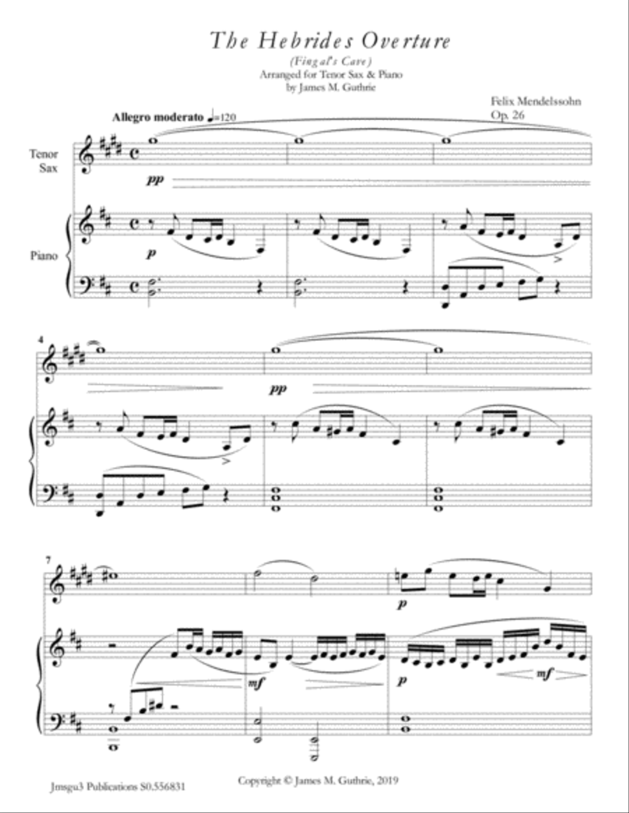 Mendelssohn: the Hebrides Overture for Tenor Sax & Piano Tenor Saxophone scores gallery preview page 1