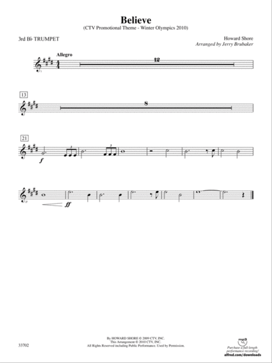 Believe (Winter Olympics 2010): 3rd B-flat Trumpet Full Orchestra scores gallery preview page 1