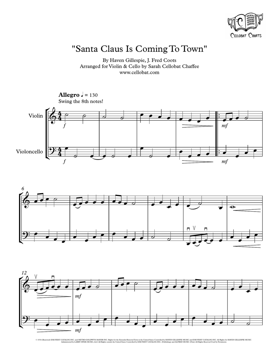 Santa Claus Is Comin' To Town String Duet scores gallery preview page 1