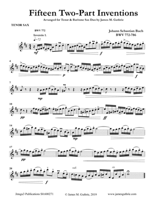 Bach: 15 Two-Part Inventions for Tenor & Baritone Sax