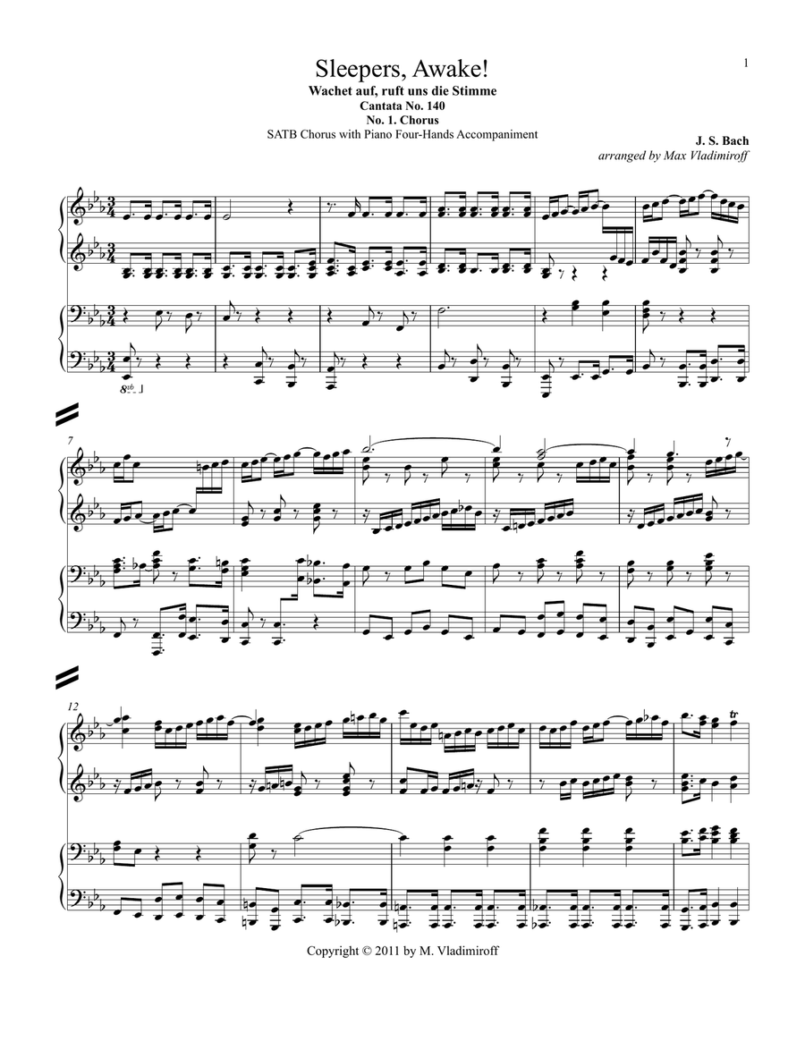 Wachet auf, ruft uns die Stimme with Piano Four-Hands Accompaniment 4-Part scores gallery preview page 1