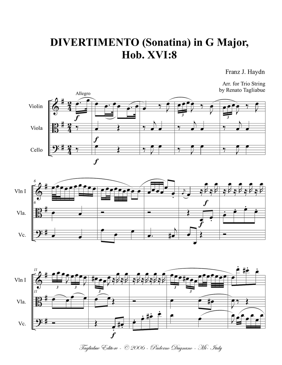 F. J. Haydn. DIVERTIMENTO (Sonatina) in G Major, Hob. XVI-8, Trio string. With parts String Trio scores gallery preview page 1