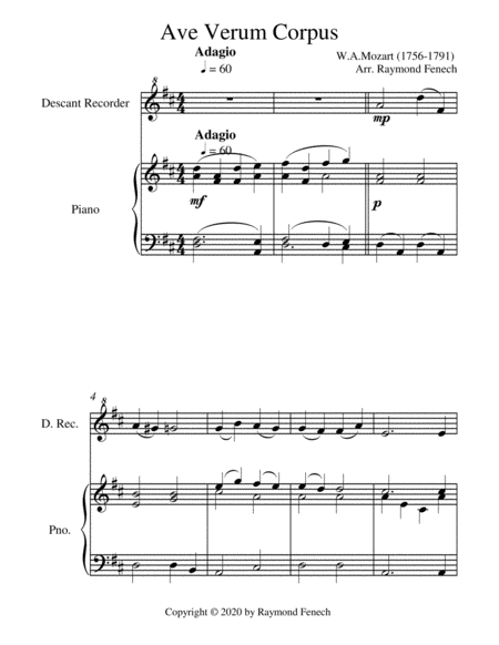 Ave Verum Corpus - Descant Recorder and Piano - Intermediate level image number null