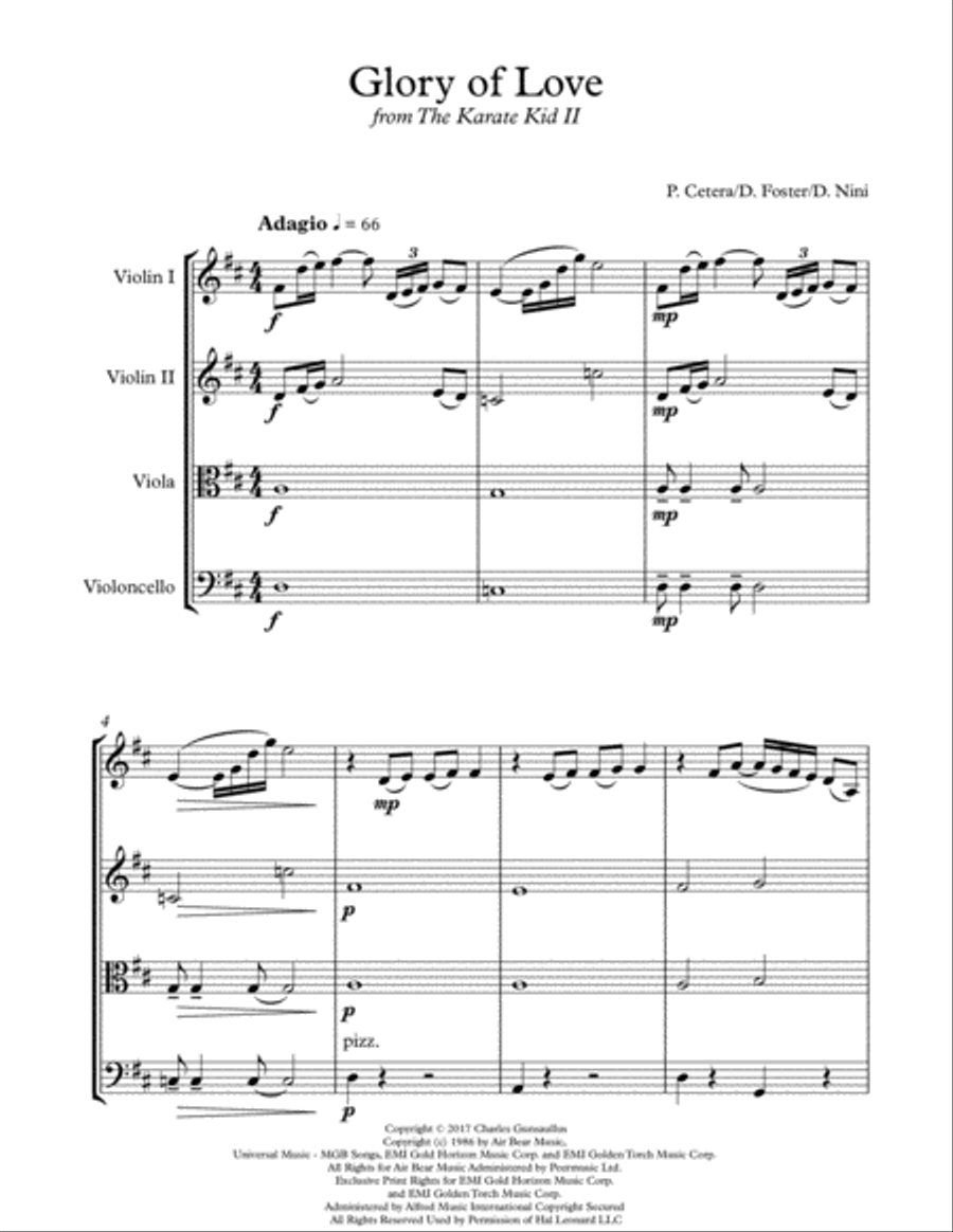 Glory Of Love Theme from KARATE KID PART II String Quartet scores gallery preview page 1