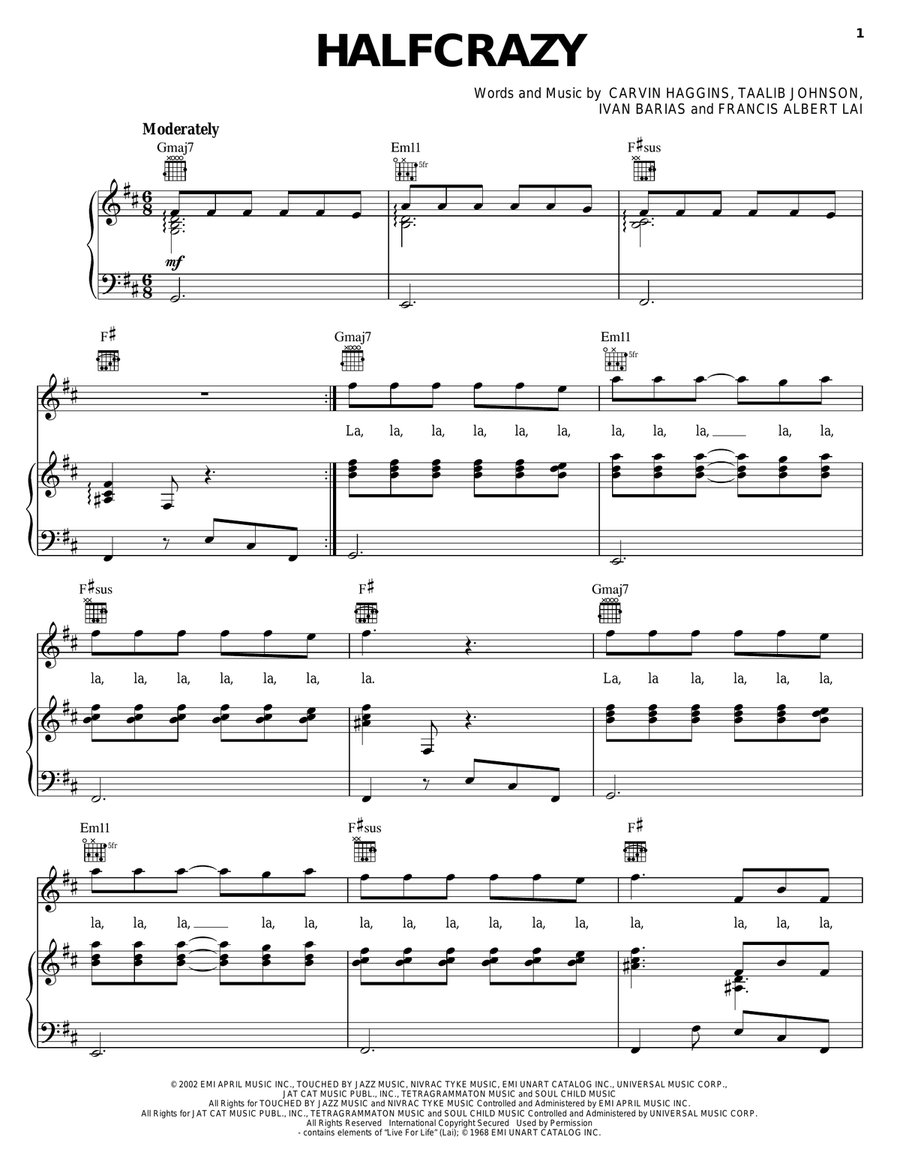 Halfcrazy Halfcrazy Piano, Vocal, Guitar scores gallery preview page 1