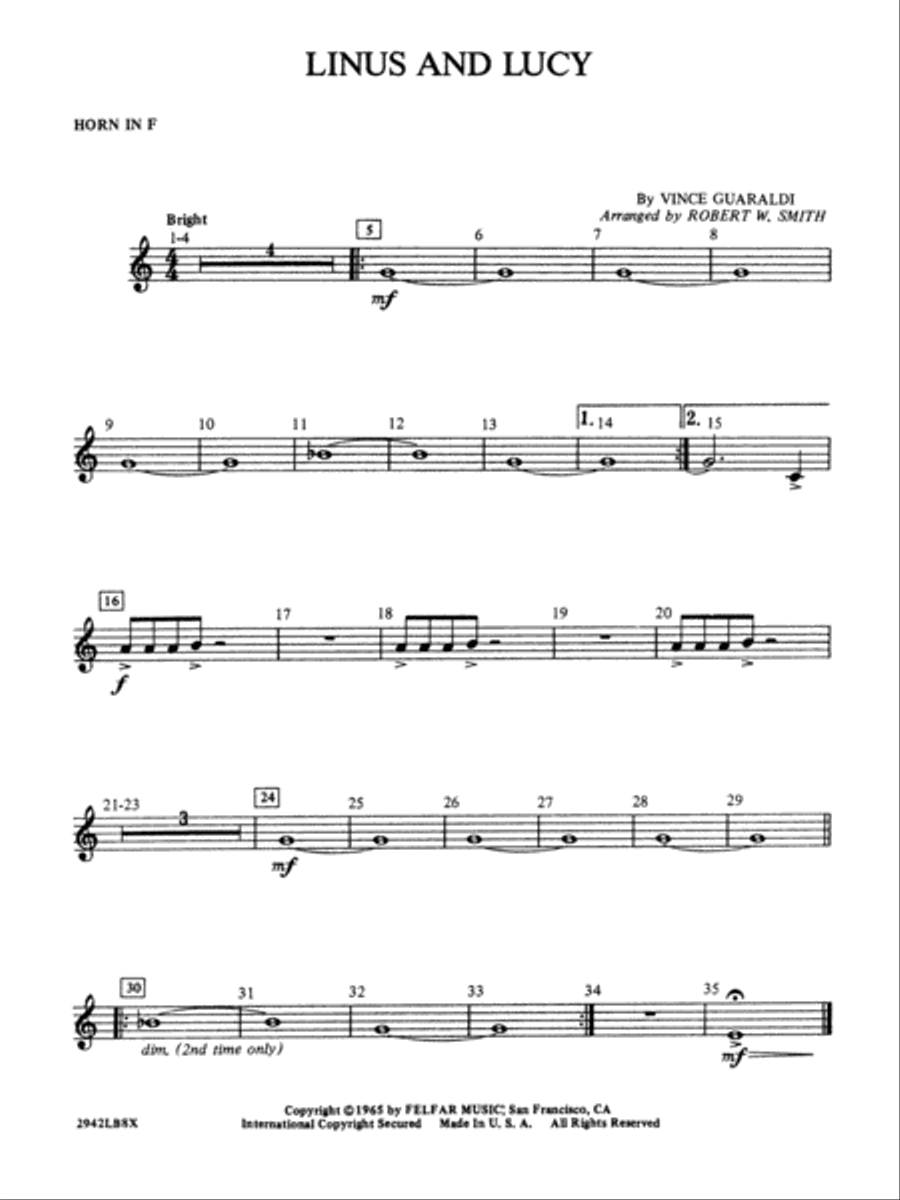 Linus and Lucy: 1st F Horn Concert Band scores gallery preview page 1