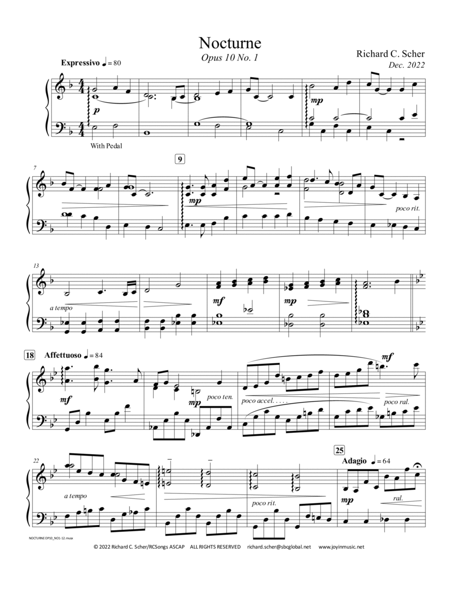 Nocturne Opus 10 No. 1 by Richard C. Scher Piano, Vocal, Guitar scores gallery preview page 1