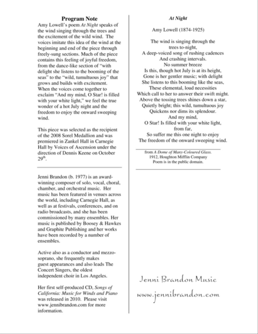 At Night for SATB a cappella 4-Part scores gallery preview page 2