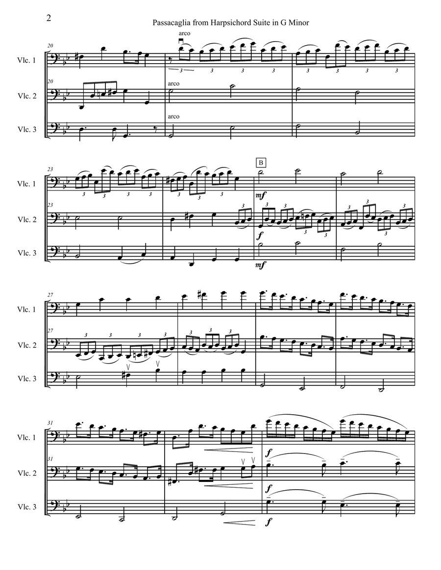 Passacaglia in G Minor, arranged for three intermediate cellos (cello trio), HWV 432 Small Ensemble scores gallery preview page 2