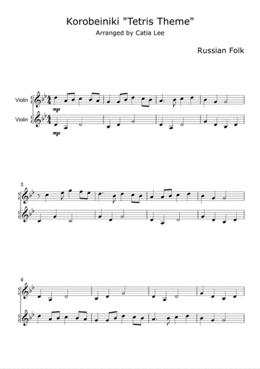 Korobeiniki Tetris theme for Violin Duet - Bb major image number null