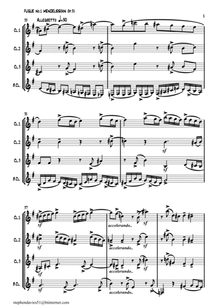 'Fugue No.1 From 6 Preludes & Fugues Op.35'  by Felix Mendelssohn-Bartholdy for Clarinet Quartet. image number null