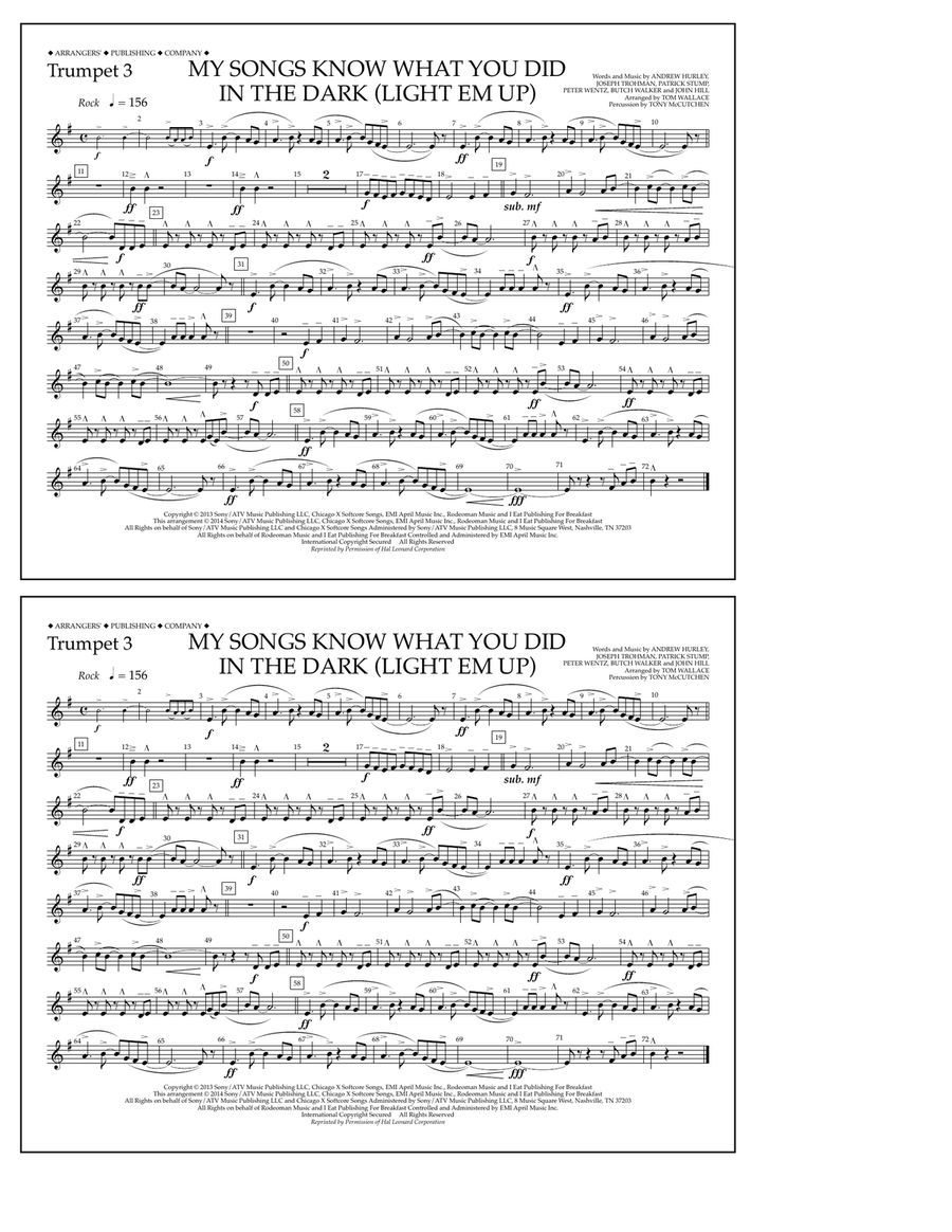 My Songs Know What You Did in the Dark (Light 'Em Up) - Trumpet 3 Marching Band scores gallery preview page 1