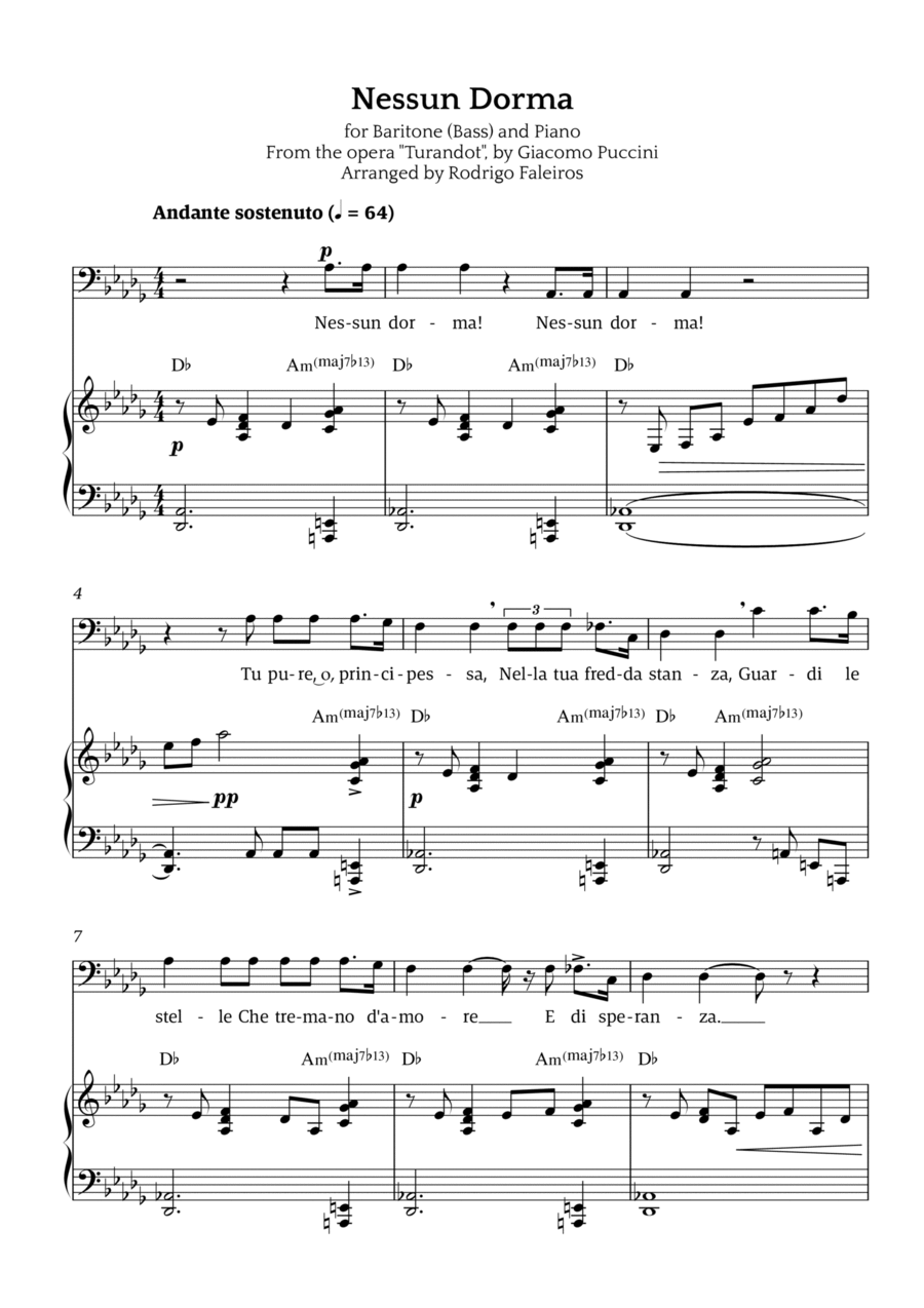 Nessun Dorma (for baritone or bass and piano) Chamber Music scores gallery preview page 1