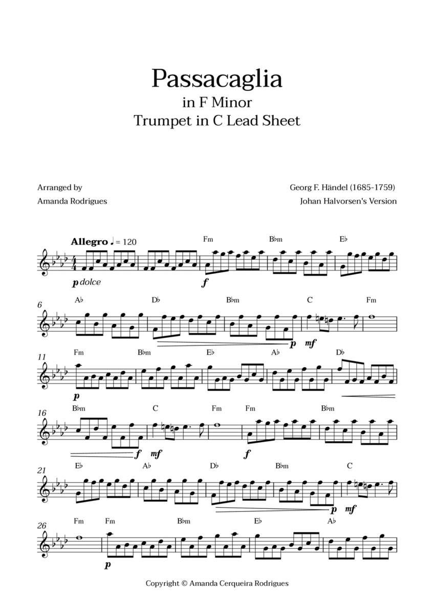 Passacaglia - Easy Trumpet in C Lead Sheet in Fm Minor (Johan Halvorsen's Version) image number null